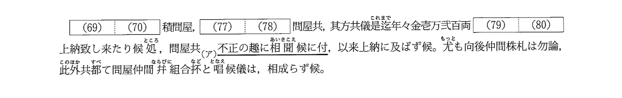 （69）（70）積問屋, （77）（78）問屋共, その方共儀是迄年年金壱万弐百両（79）（80）上納致し来り候t処, 問屋共（ア）不正の趣に相聞候に付, 以来上納に及ばず候。尤も向後仲間株札は勿論, 此外共都て問屋仲間并に組合抔と唱候儀は, 相成らず候。